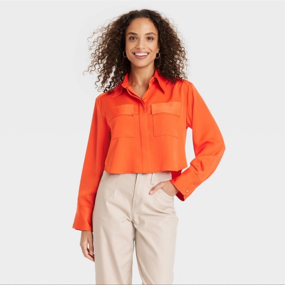 A New Day Women’s Long Sleeve Button Down Shirt -Orange